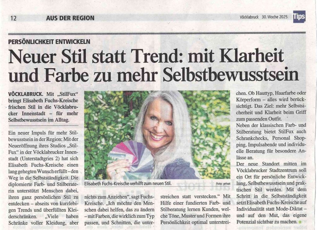 Zeitungsartikel in Tips Vöcklabruck über Stilfux Farb- und Stilberatung